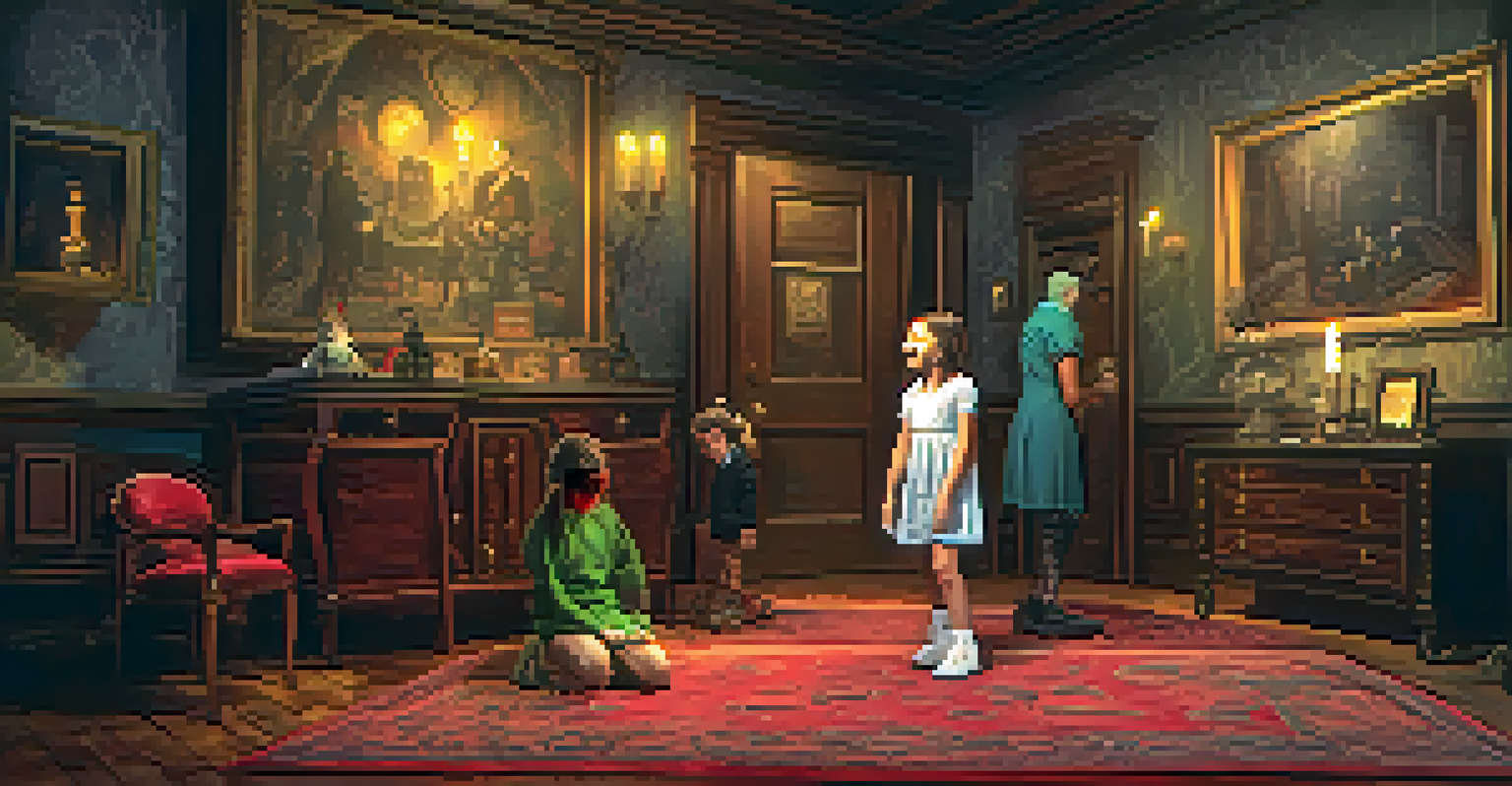 A family exploring a haunted mansion-themed escape room, with vintage furniture and flickering candlelight.
