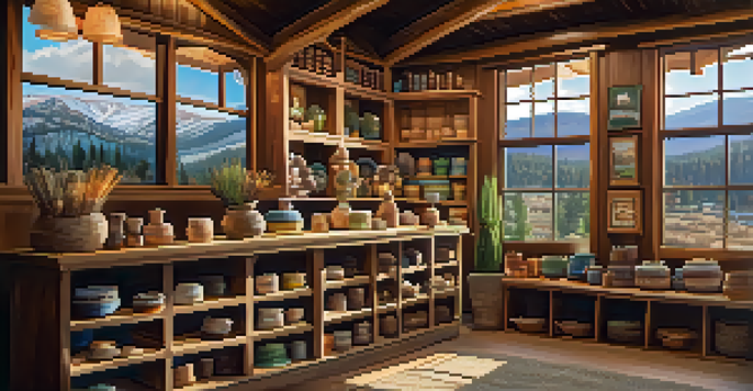 An inviting artisan shop in Big Bear filled with handmade pottery and textiles, with soft lighting and wooden shelves.