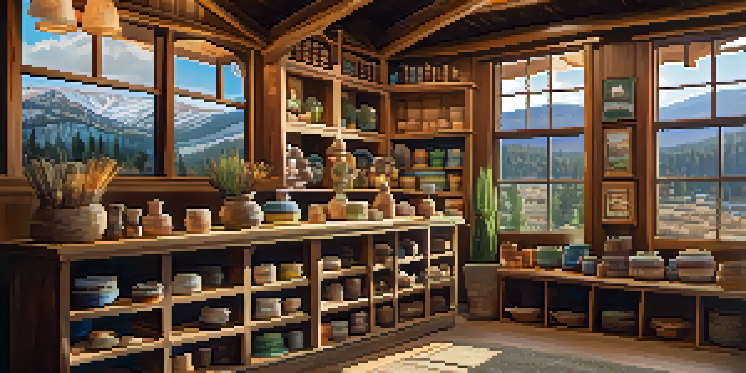 An inviting artisan shop in Big Bear filled with handmade pottery and textiles, with soft lighting and wooden shelves.