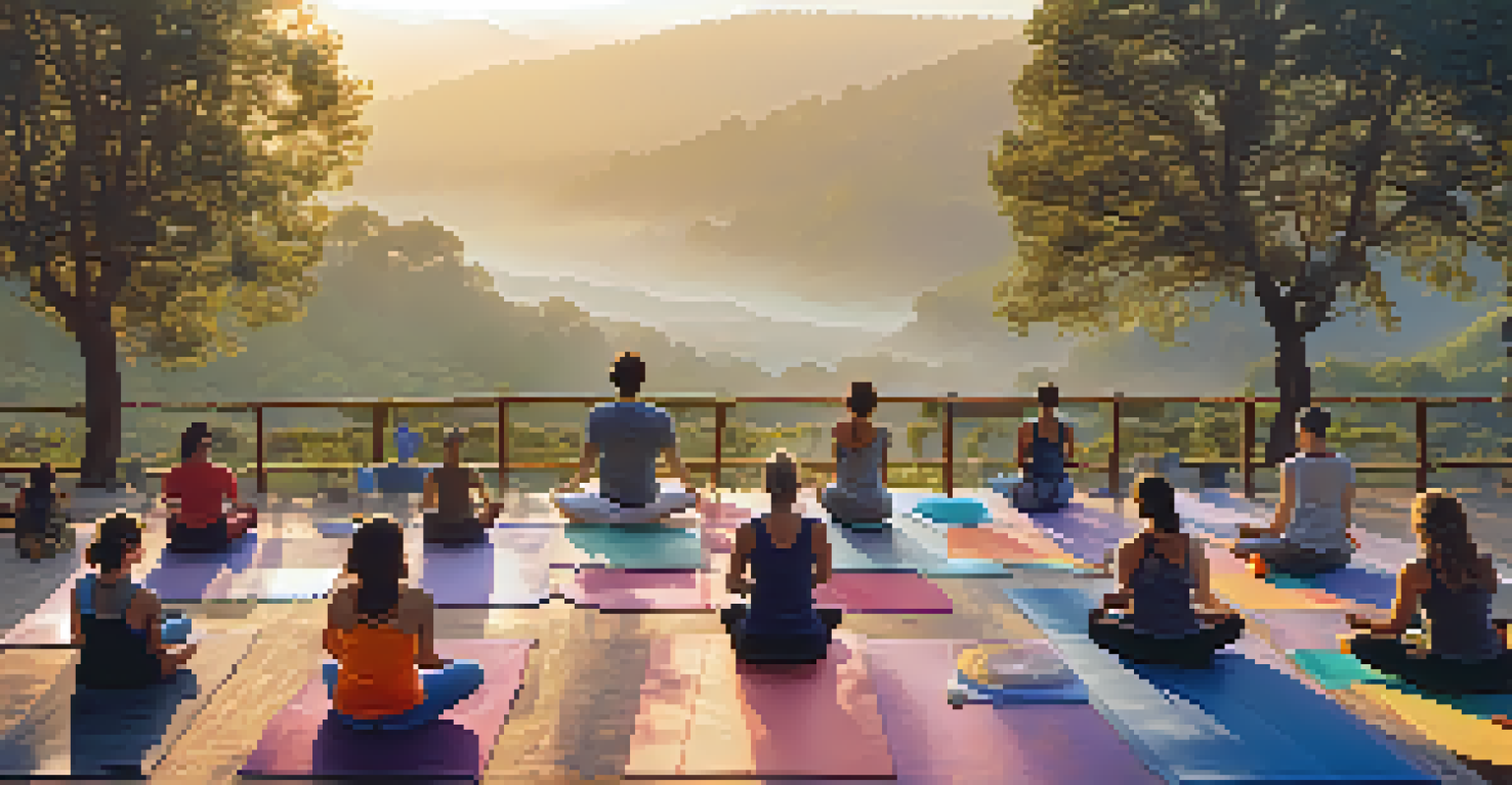 A group of people practicing yoga outdoors at sunrise, with a misty valley and trees in the background, illuminated by soft golden light.
