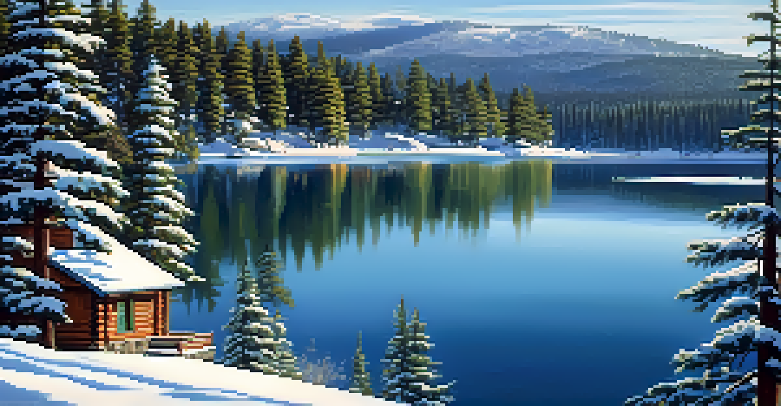 A winter landscape of Big Bear Lake covered in snow, with pine trees and a cozy cabin in the foreground, under a clear blue sky.