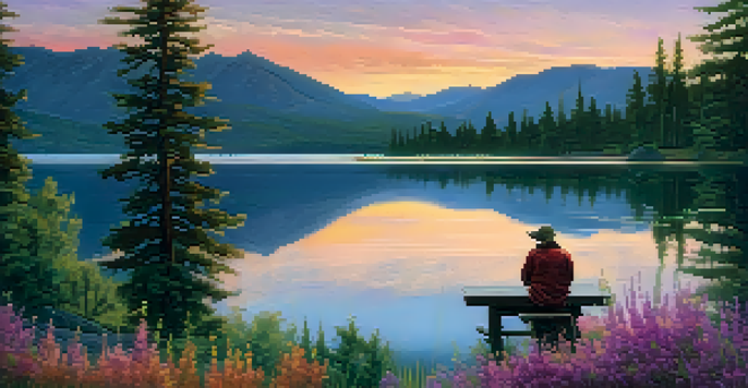 A peaceful sunset over mountains and a lake in Big Bear, with an artist painting the scene on an easel surrounded by greenery and flowers.