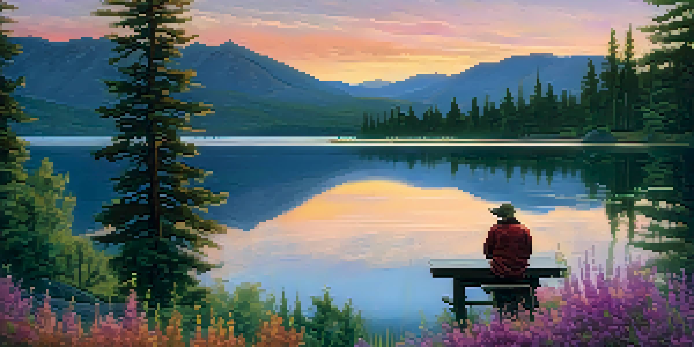 A peaceful sunset over mountains and a lake in Big Bear, with an artist painting the scene on an easel surrounded by greenery and flowers.