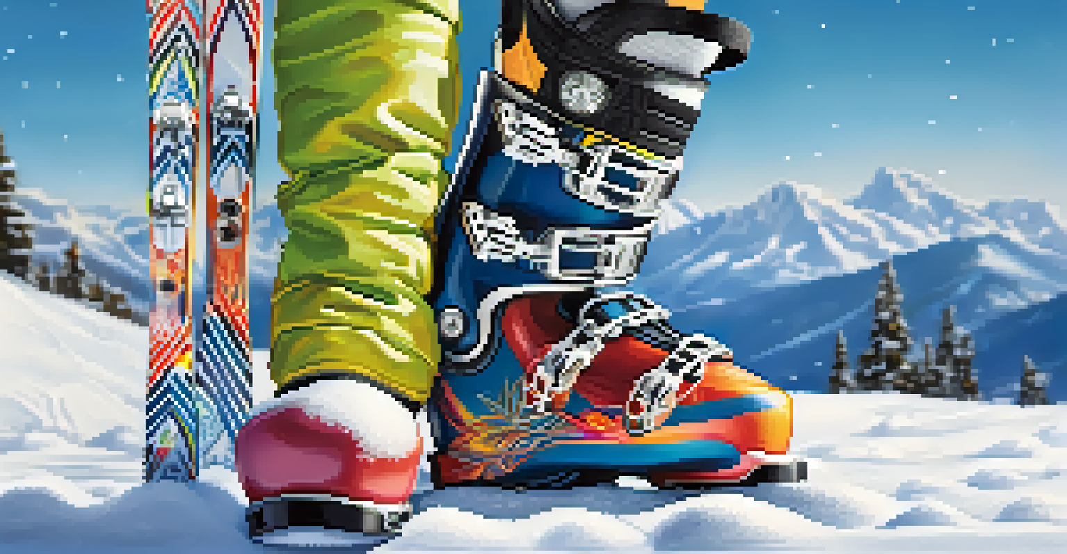 A close-up of a ski boot and colorful skis on a snowy ground, highlighting the details of the gear against a blurred mountain backdrop.