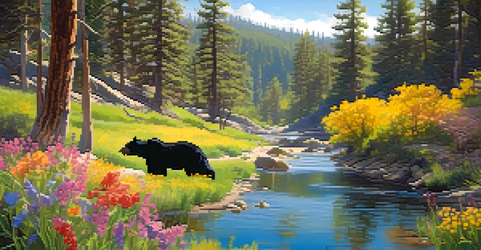 A spring scene in Big Bear with a black bear and its cubs playing by a stream, surrounded by blooming wildflowers and colorful birds.