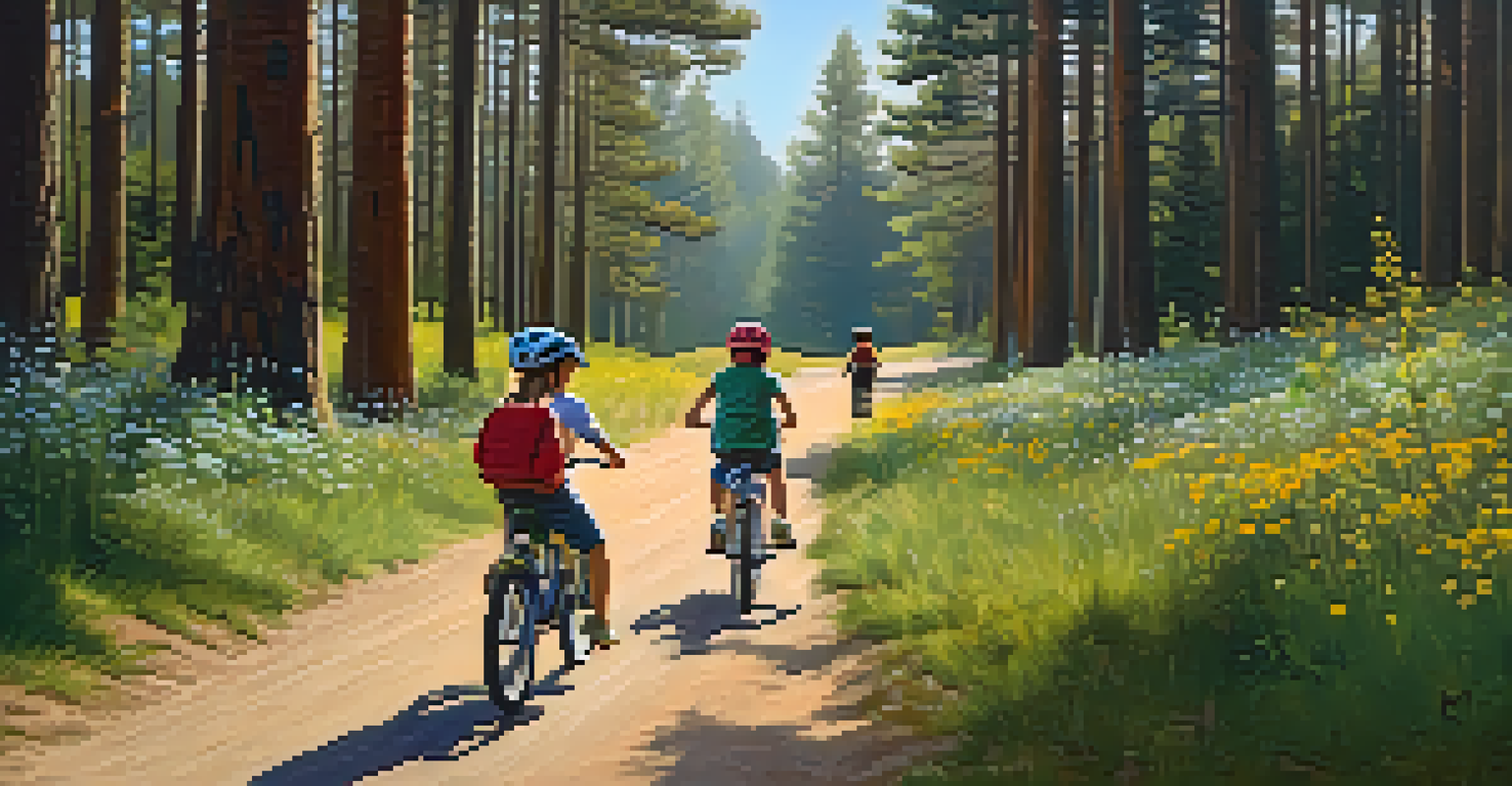 A family biking on a trail surrounded by tall pine trees, with children riding ahead and parents enjoying the scenic nature around them.