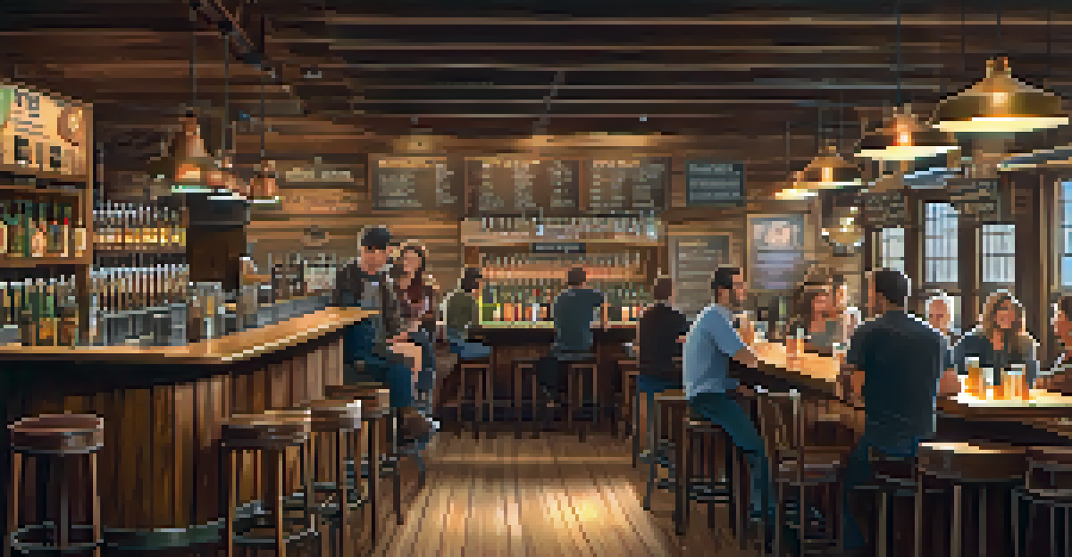 The interior of a cozy brewery with patrons at the bar, showcasing craft beers and rustic decor.