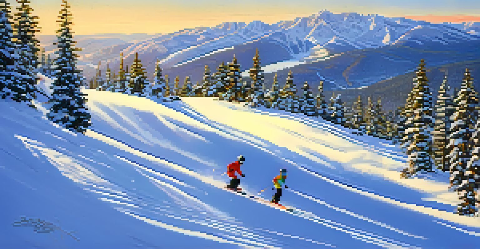 Families skiing and snowboarding on the slopes of Bear Mountain, with colorful outfits and a beautiful mountain backdrop.