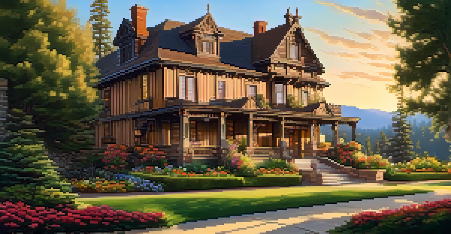 A beautiful historical landmark in Big Bear, surrounded by greenery and flowers, with a sunset casting golden light, and a family enjoying the view.