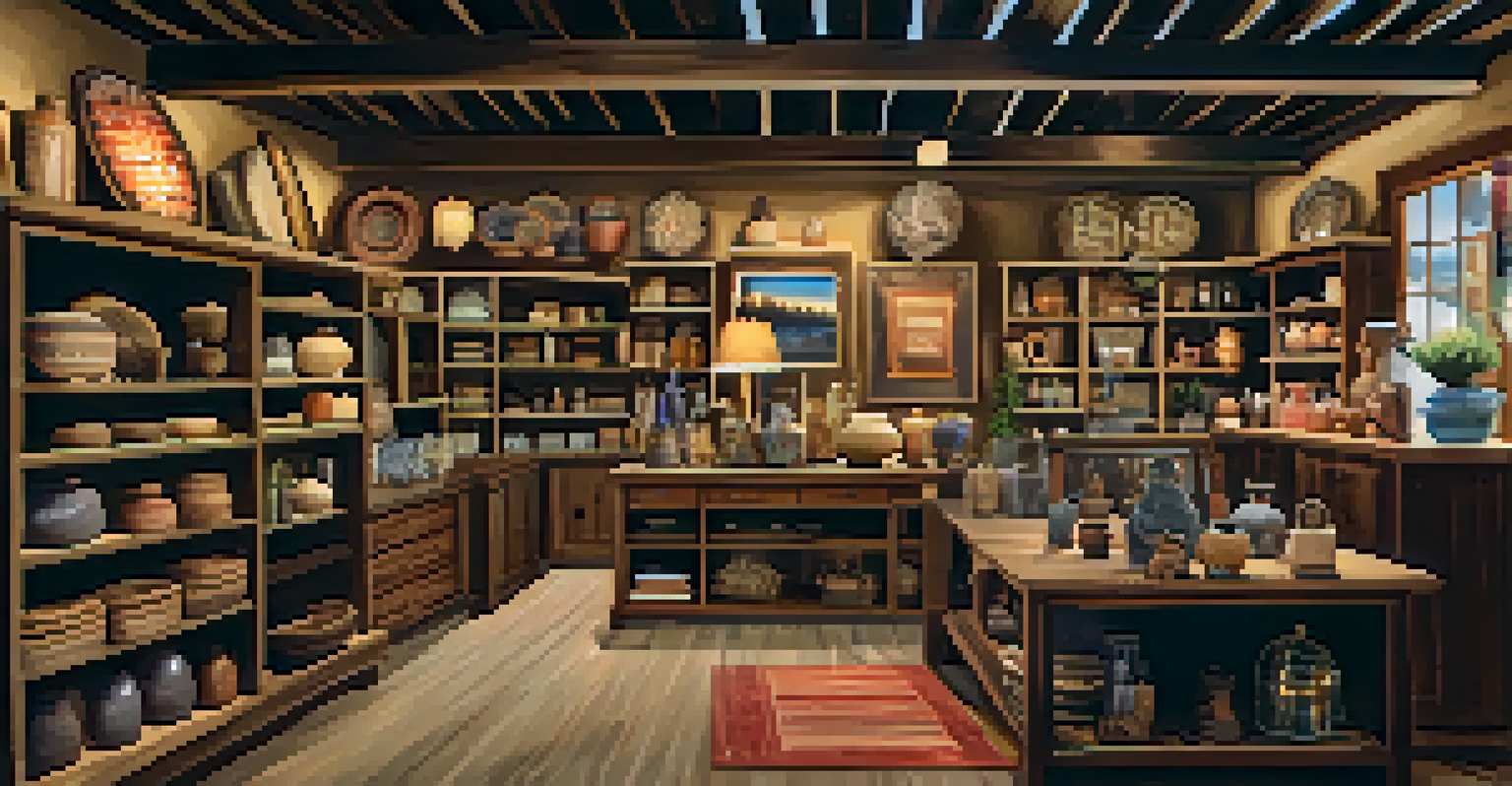 An artisan shop filled with unique pottery, textiles, and rustic furniture, creating a charming shopping atmosphere.