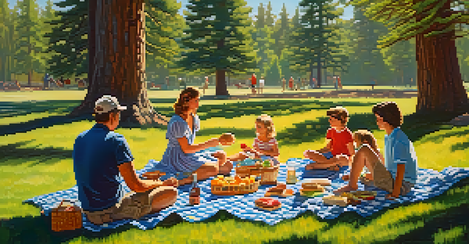 A cheerful family picnic in a park with a blanket, food basket, and children playing under the sun among pine trees.