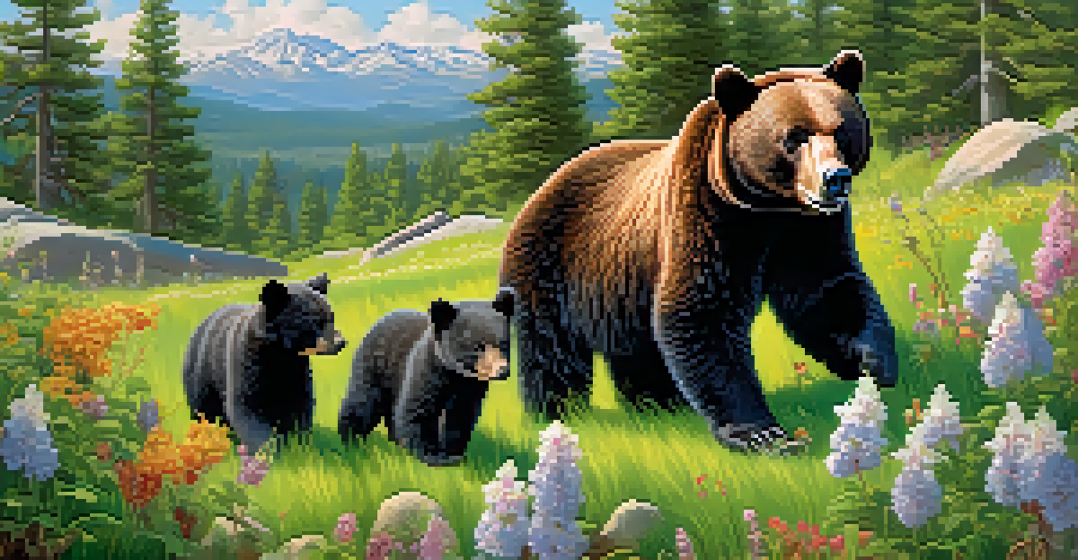 A mother black bear and her cubs foraging among blooming wildflowers in spring at Big Bear.