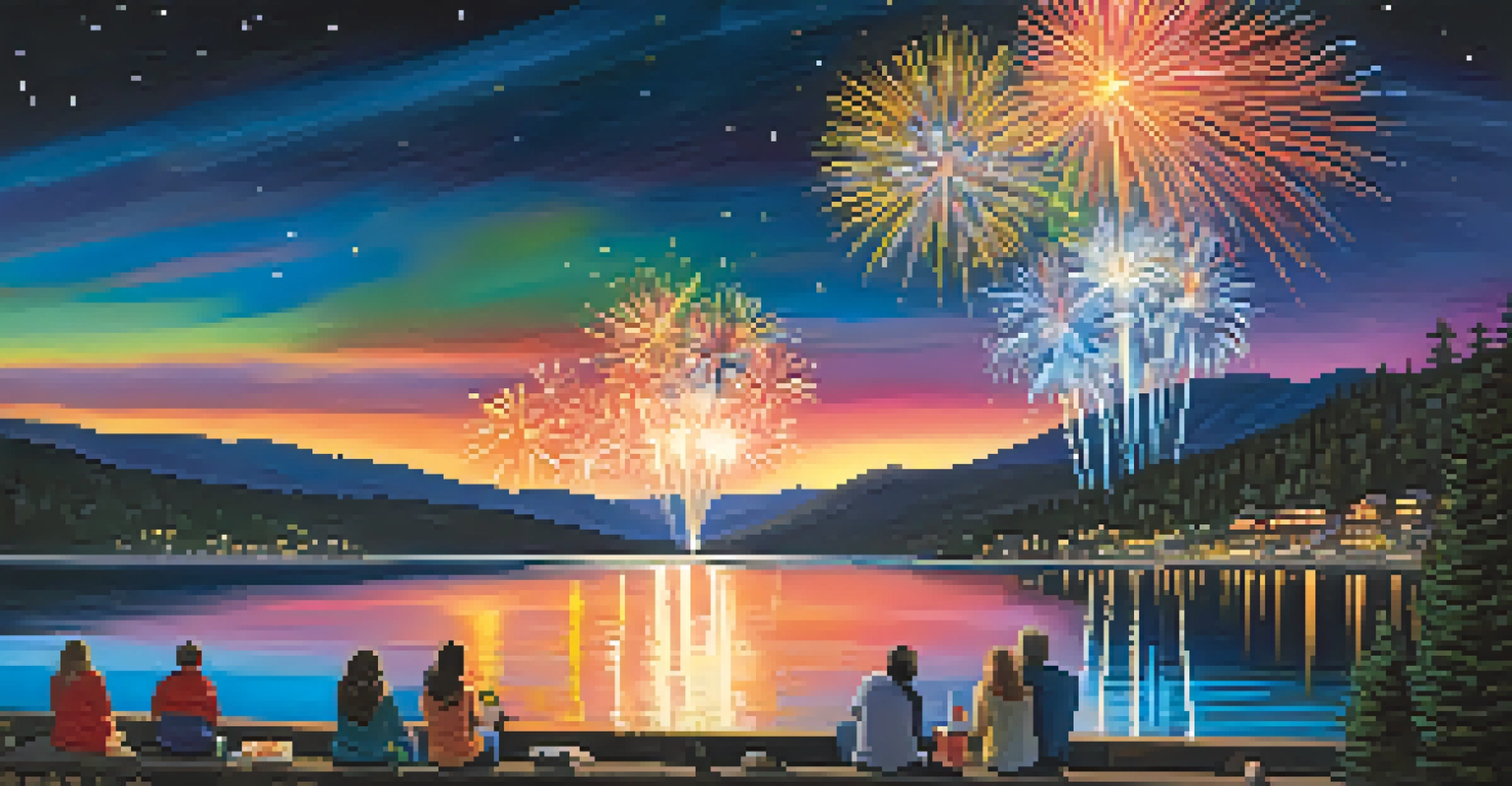 A stunning fireworks display over Big Bear Lake with spectators enjoying the show from the shore.