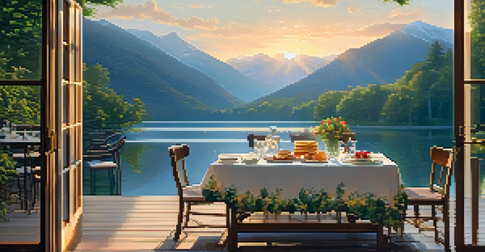 A beautiful dining setup on a lake deck at sunrise, with mountains in the background and a table full of breakfast food.