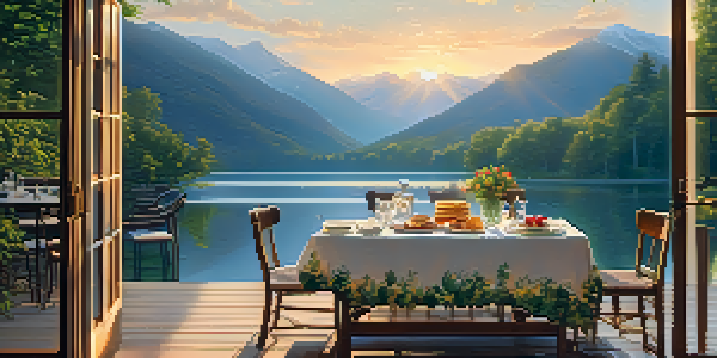 A beautiful dining setup on a lake deck at sunrise, with mountains in the background and a table full of breakfast food.