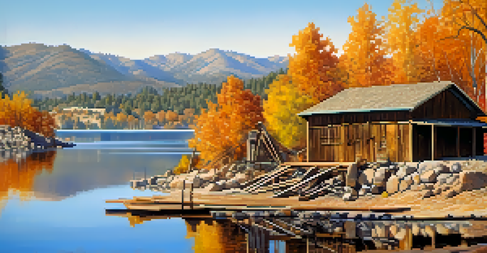 A picturesque landscape of Big Bear Lake in autumn, featuring old mining structures and colorful trees reflecting in the water.