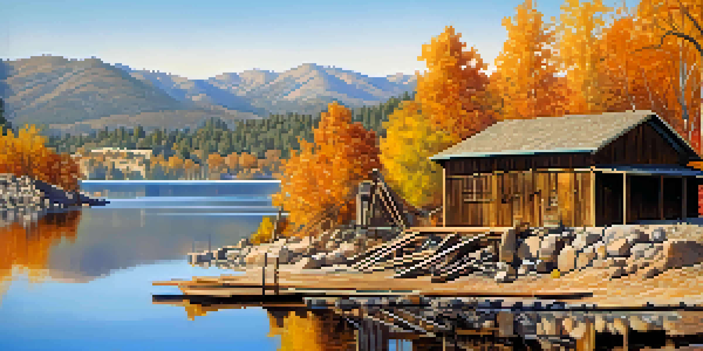 A picturesque landscape of Big Bear Lake in autumn, featuring old mining structures and colorful trees reflecting in the water.