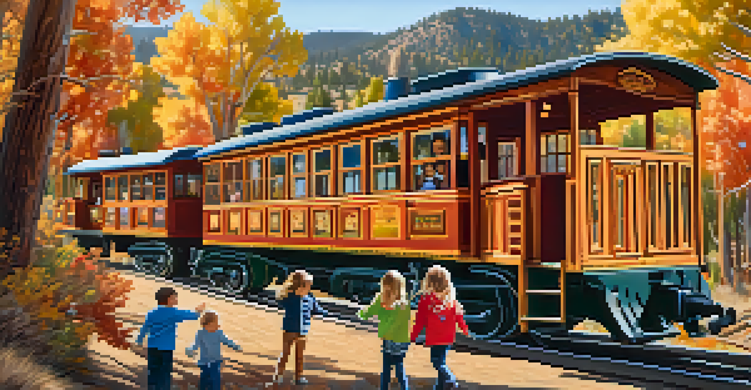 A family riding a miniature train in Big Bear's Ghost Town, surrounded by colorful autumn foliage.