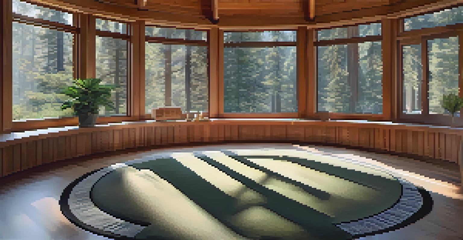 An indoor meditation space with cushions and mats, surrounded by windows showing forest views and calming artwork.
