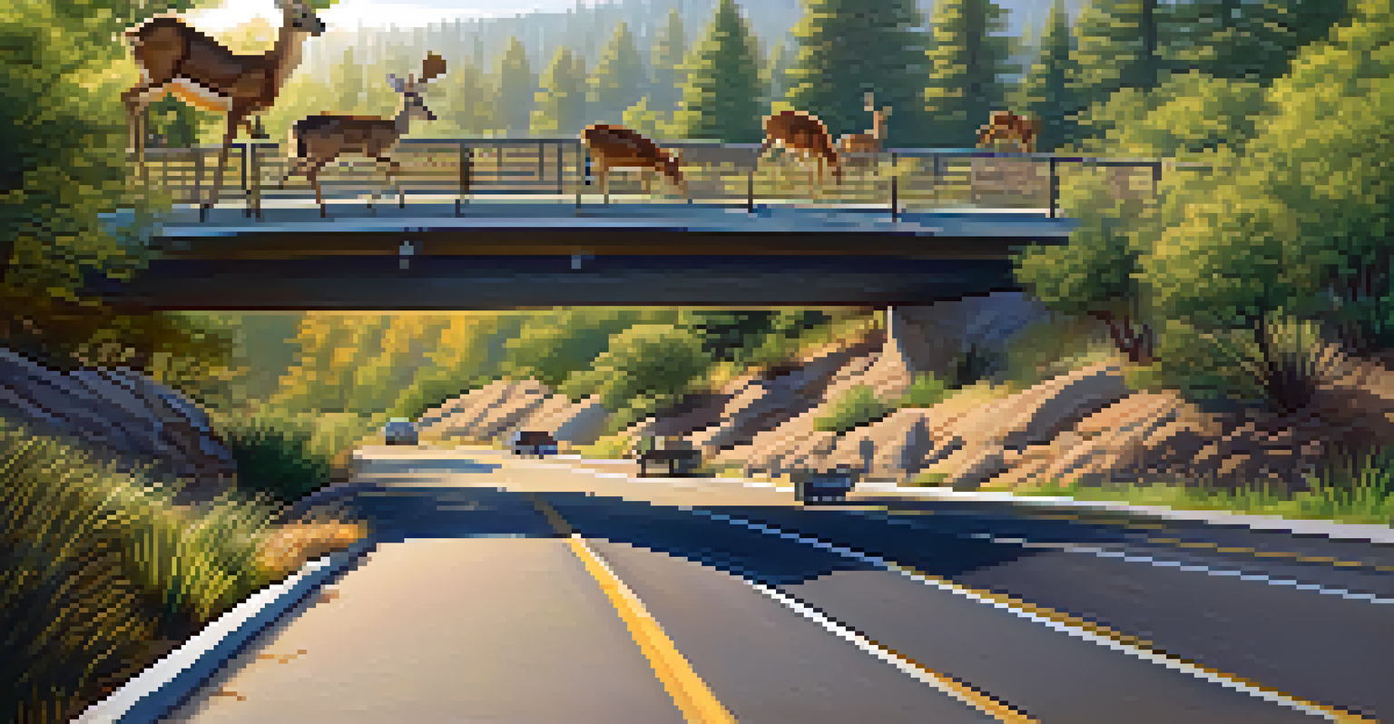 A wildlife overpass in Big Bear with deer approaching, surrounded by natural vegetation and a busy road in the background.