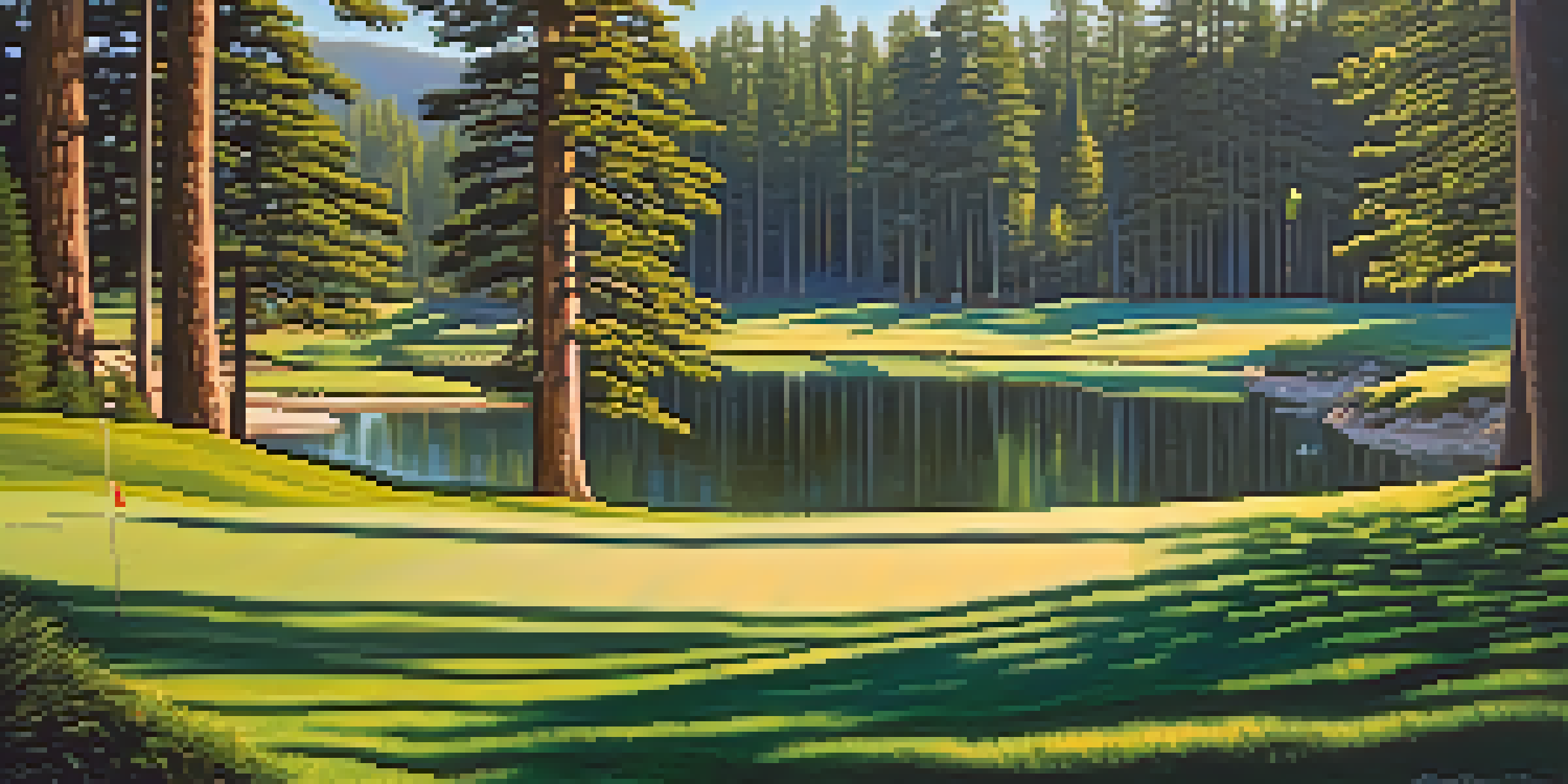 A golfer preparing to hit a golf ball on a green fairway surrounded by pine trees and a lake, with a bright blue sky above.