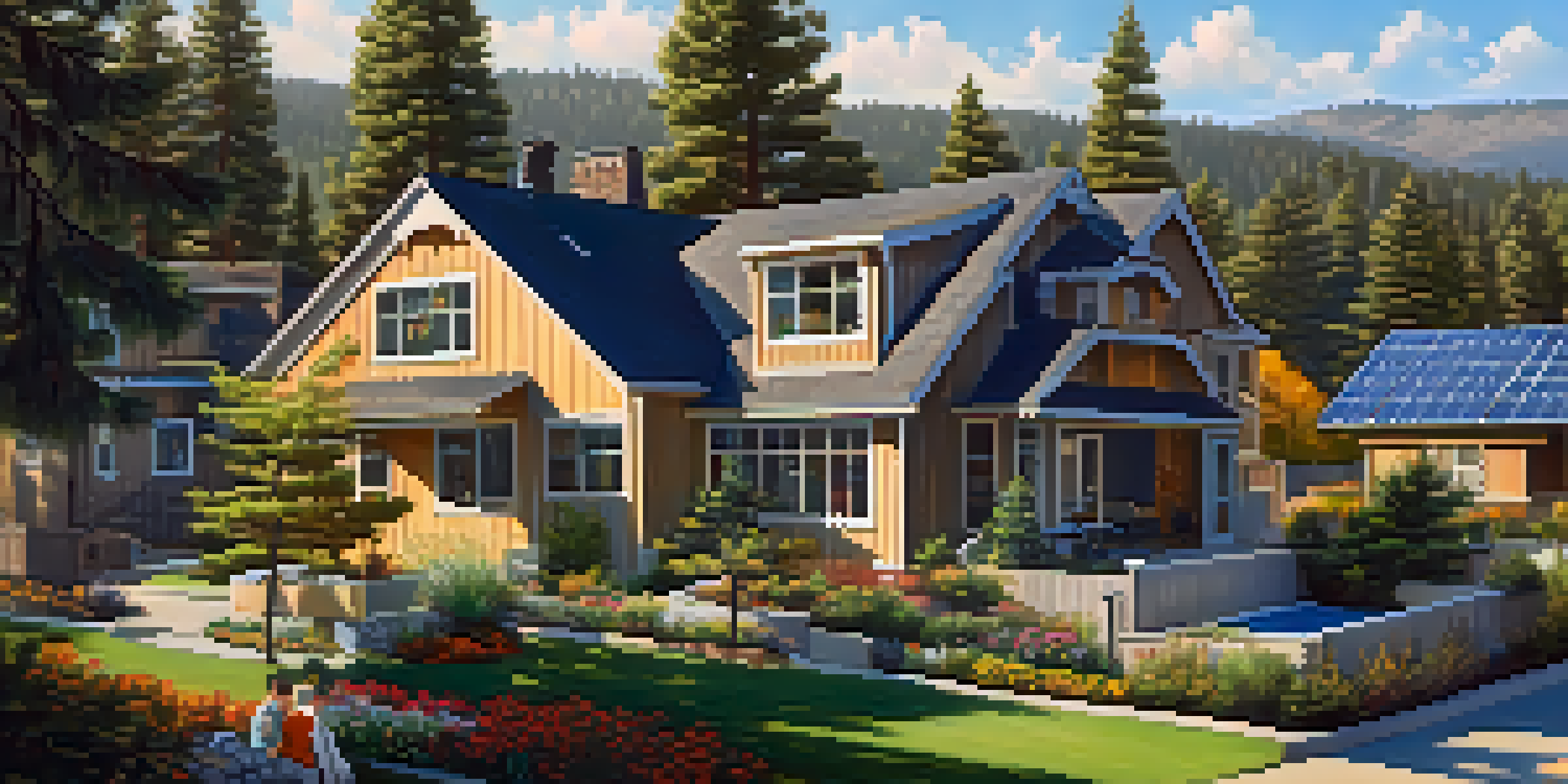 A suburban neighborhood in Big Bear with homes featuring solar panels, surrounded by pine trees and a family in the garden.