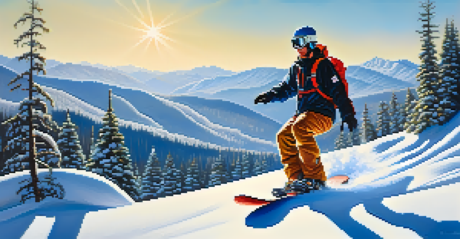 A snowboarder navigating through untouched powder snow in the backcountry of Big Bear, surrounded by mountains and a serene forest.