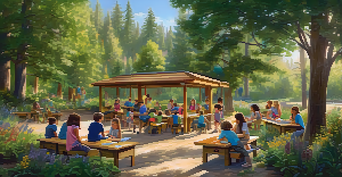 Children learning outdoors in a natural setting, surrounded by trees and flowers, with a warm sunlight filtering through the leaves.