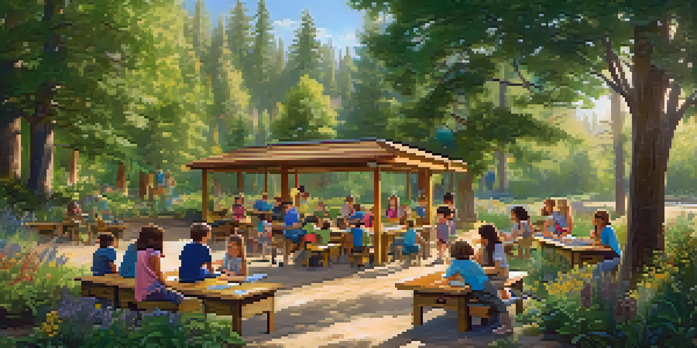 Children learning outdoors in a natural setting, surrounded by trees and flowers, with a warm sunlight filtering through the leaves.