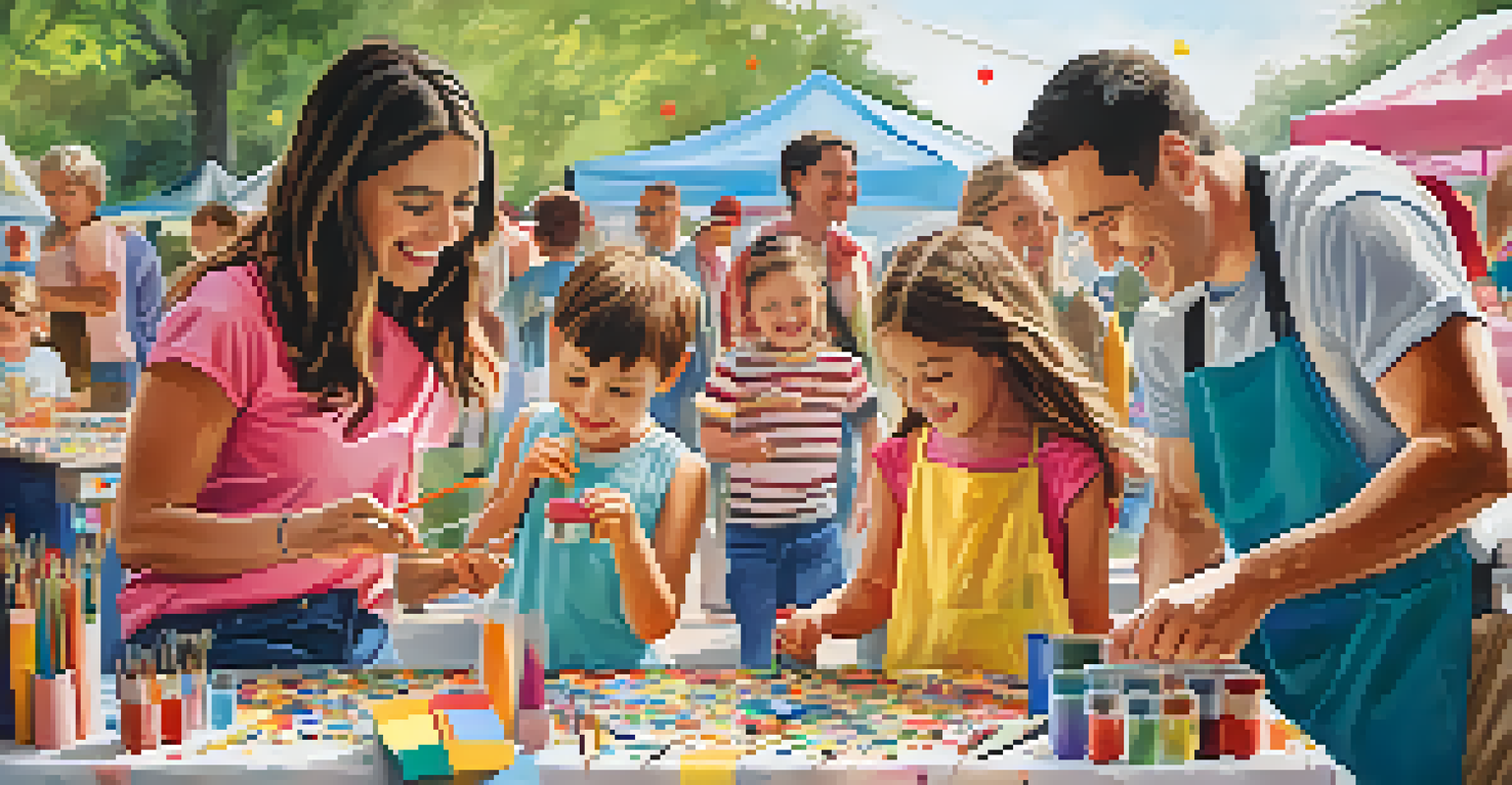 A joyful family participating in a craft fair, with children busy creating art at a craft station, surrounded by colorful materials and happy expressions.