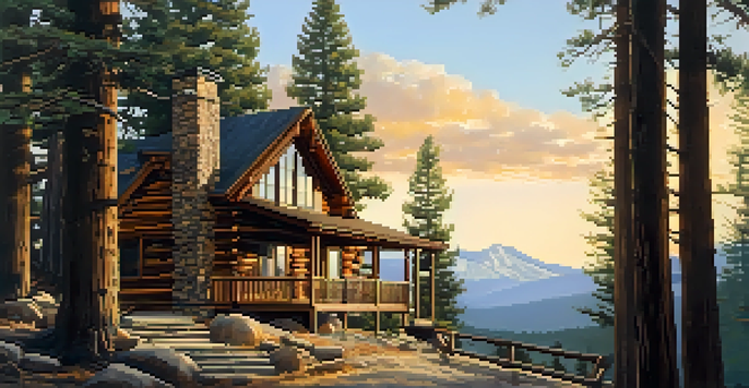 A mountain cabin surrounded by pine trees with a cup of coffee on the deck, set against a backdrop of mountains and a blue sky.