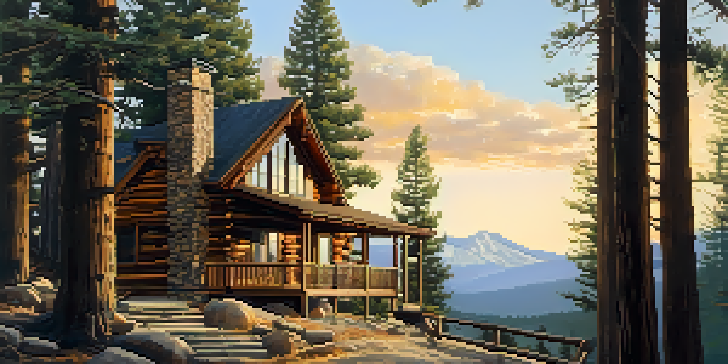 A mountain cabin surrounded by pine trees with a cup of coffee on the deck, set against a backdrop of mountains and a blue sky.