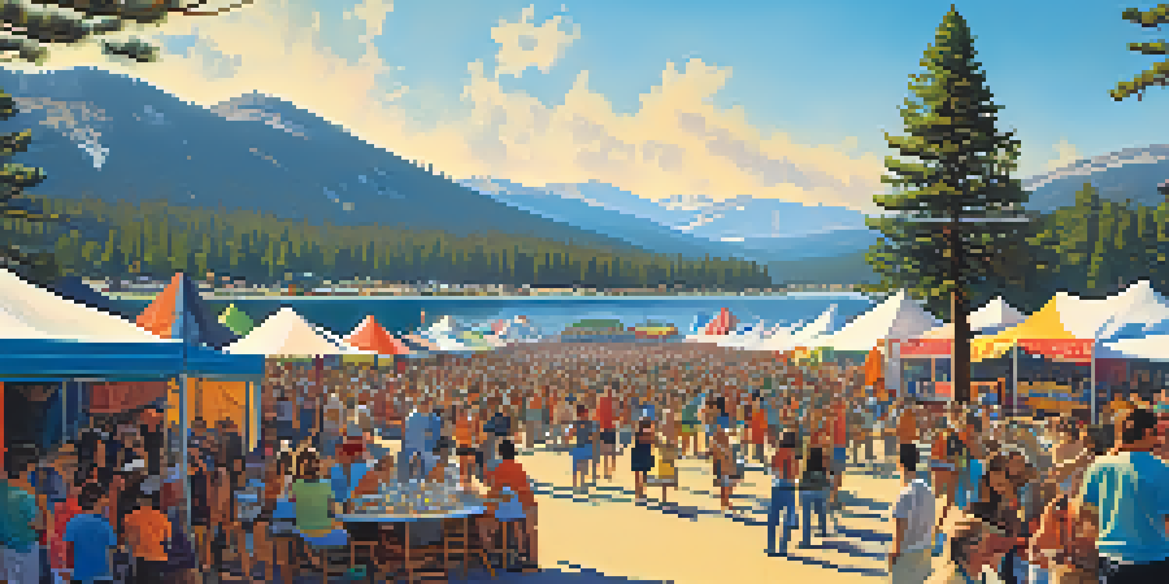 A vibrant outdoor music festival with tents, people enjoying music, and a beautiful lake and mountain scenery in the background.