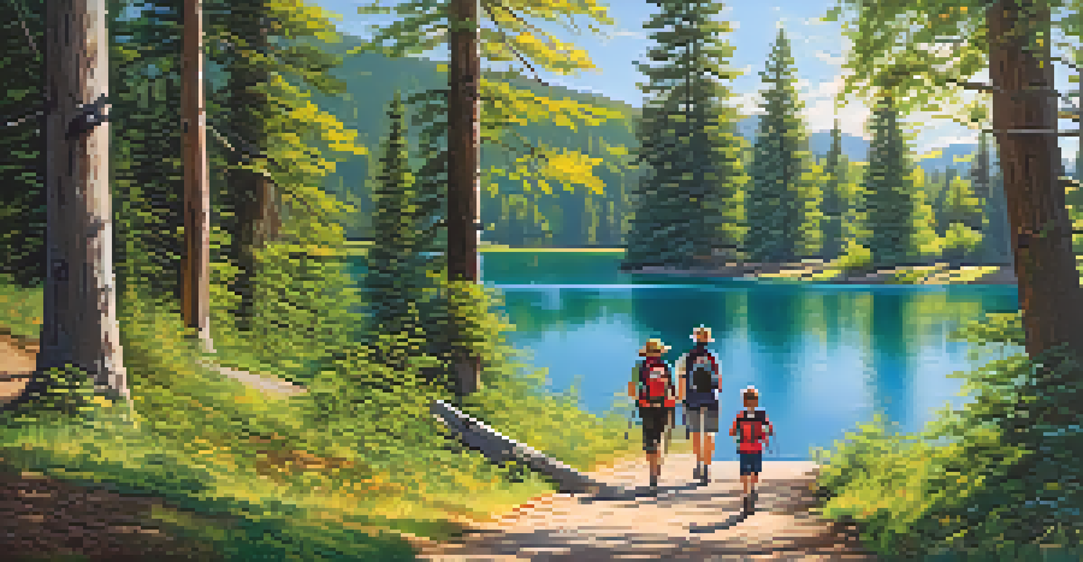 A family hiking on a scenic flat trail by Big Bear Lake, surrounded by green trees and cheerful expressions.