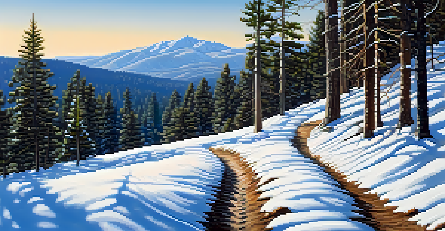 A peaceful winter hiking trail in Big Bear with hikers and a deer in the snowy landscape.