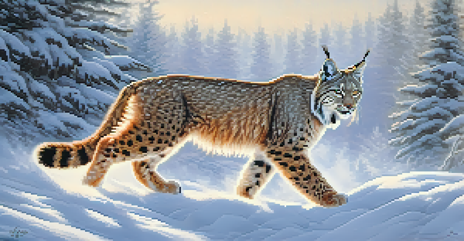 A lynx moving gracefully through deep snow in a winter forest, highlighting its agility and the snowy environment.
