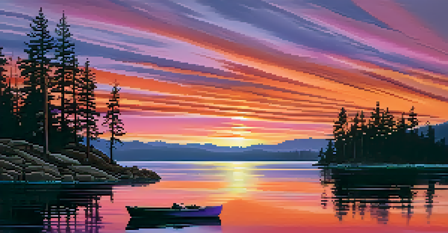 A stunning sunset view over Big Bear Lake with vibrant colors in the sky, a boat silhouette, and pine trees along the shore.