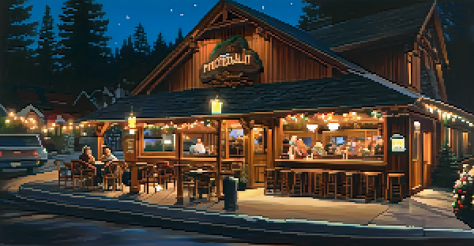 A warm and inviting restaurant interior in Big Bear at night, with diners enjoying their meals by a fireplace.