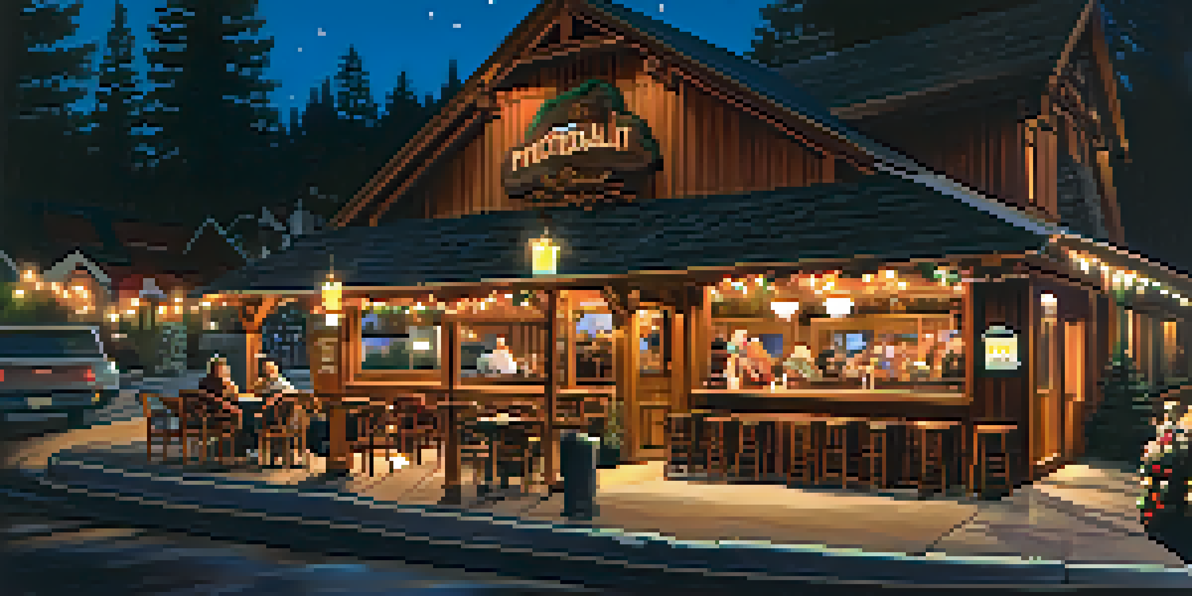 A warm and inviting restaurant interior in Big Bear at night, with diners enjoying their meals by a fireplace.