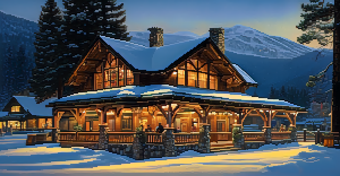 A scenic view of the Pine Knot Tavern, featuring wooden architecture and people enjoying the outdoors in a mountainous landscape.