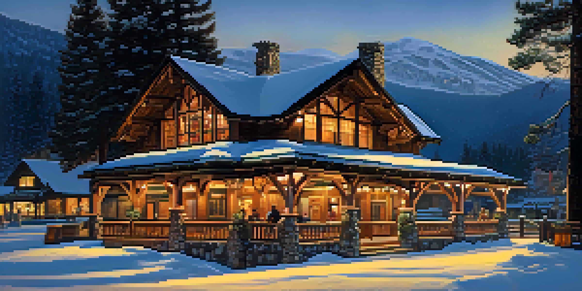 A scenic view of the Pine Knot Tavern, featuring wooden architecture and people enjoying the outdoors in a mountainous landscape.