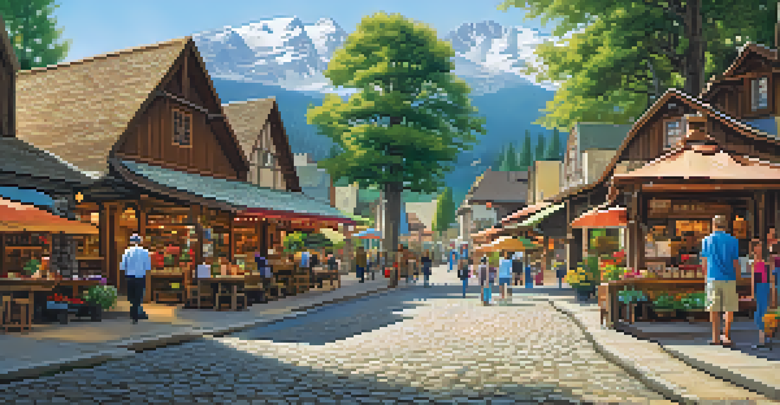 Charming Pine Knot Village with rustic buildings, shops, and people strolling on cobblestone streets.