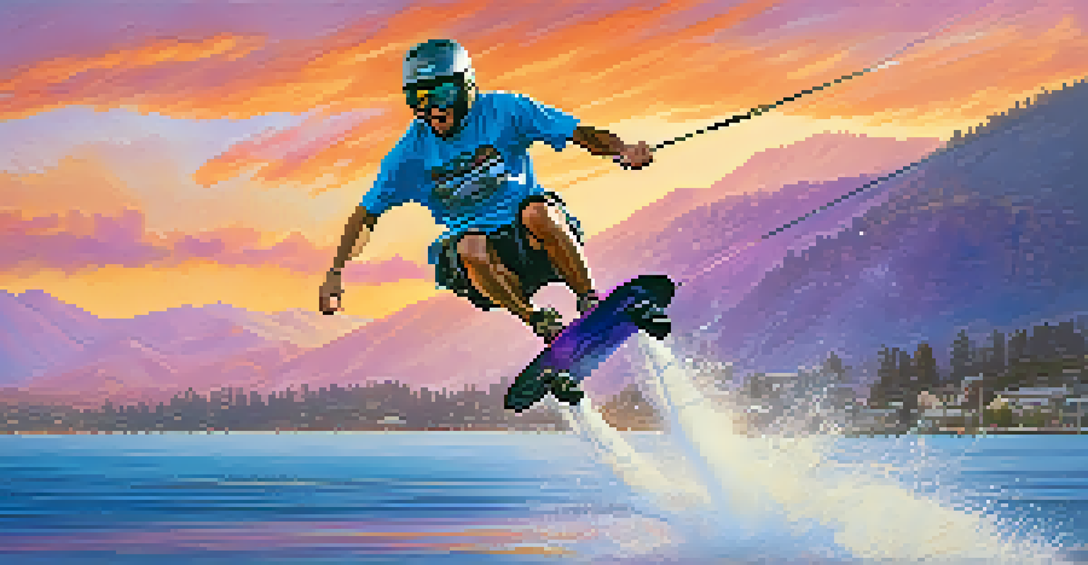 A wakeboarder jumping off a wave on a lake during sunset with mountains in the background.
