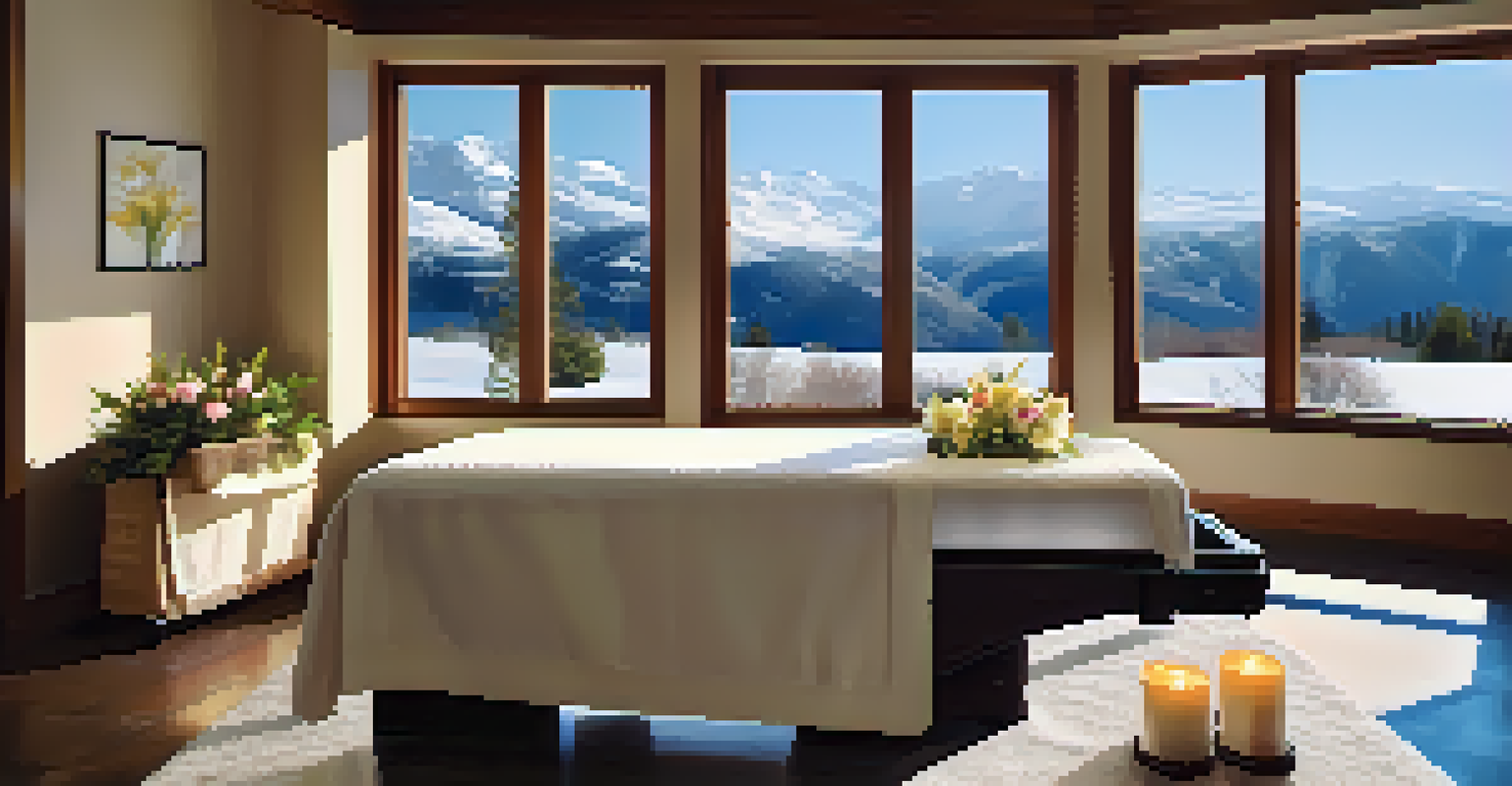 A calm and inviting spa room with a massage table, candles, and a view of snowy mountains outside.