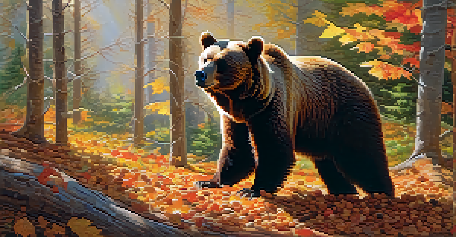 A bear foraging in a colorful autumn forest, with sunlight filtering through the trees.