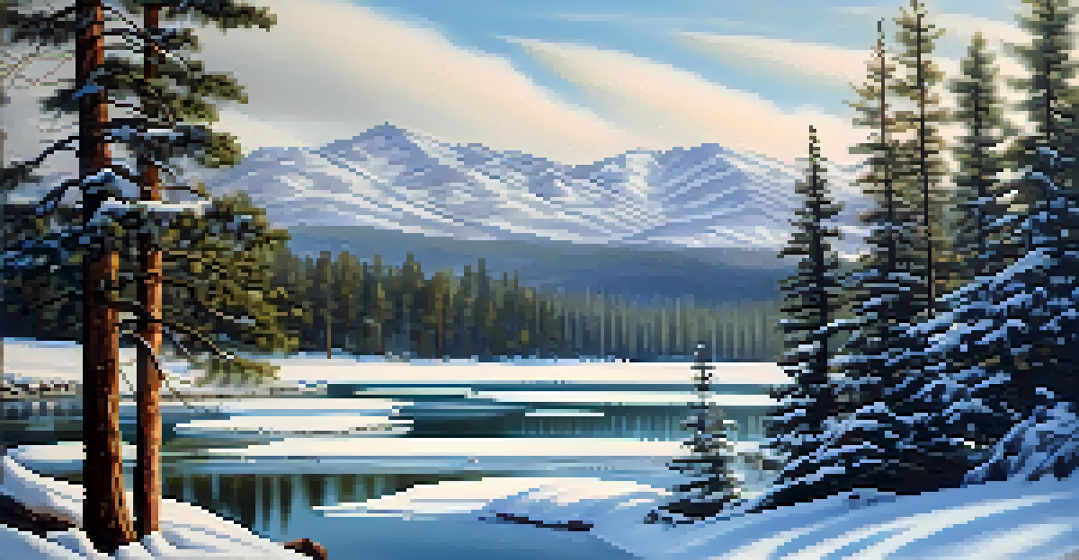 A common merganser diving in icy waters surrounded by a snowy landscape in Big Bear.