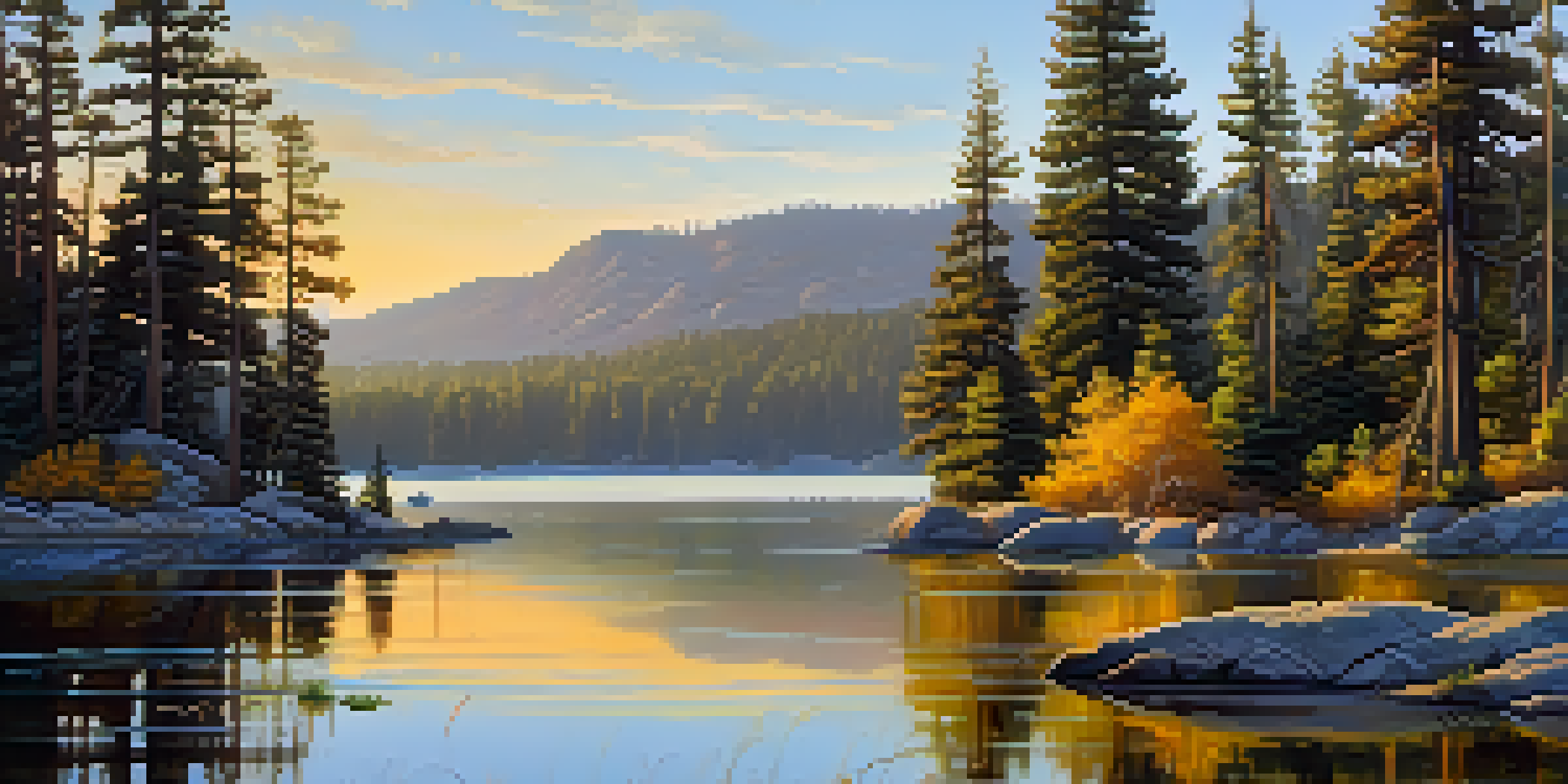 A picturesque view of Big Bear Lake at sunrise, showcasing colorful wildflowers and towering pine trees, with birds in the sky.