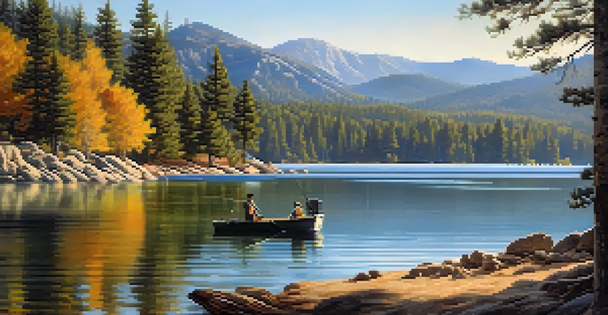 A peaceful fishing cove at Big Bear Lake with a fisherman, deer drinking water, and mountains in the background.