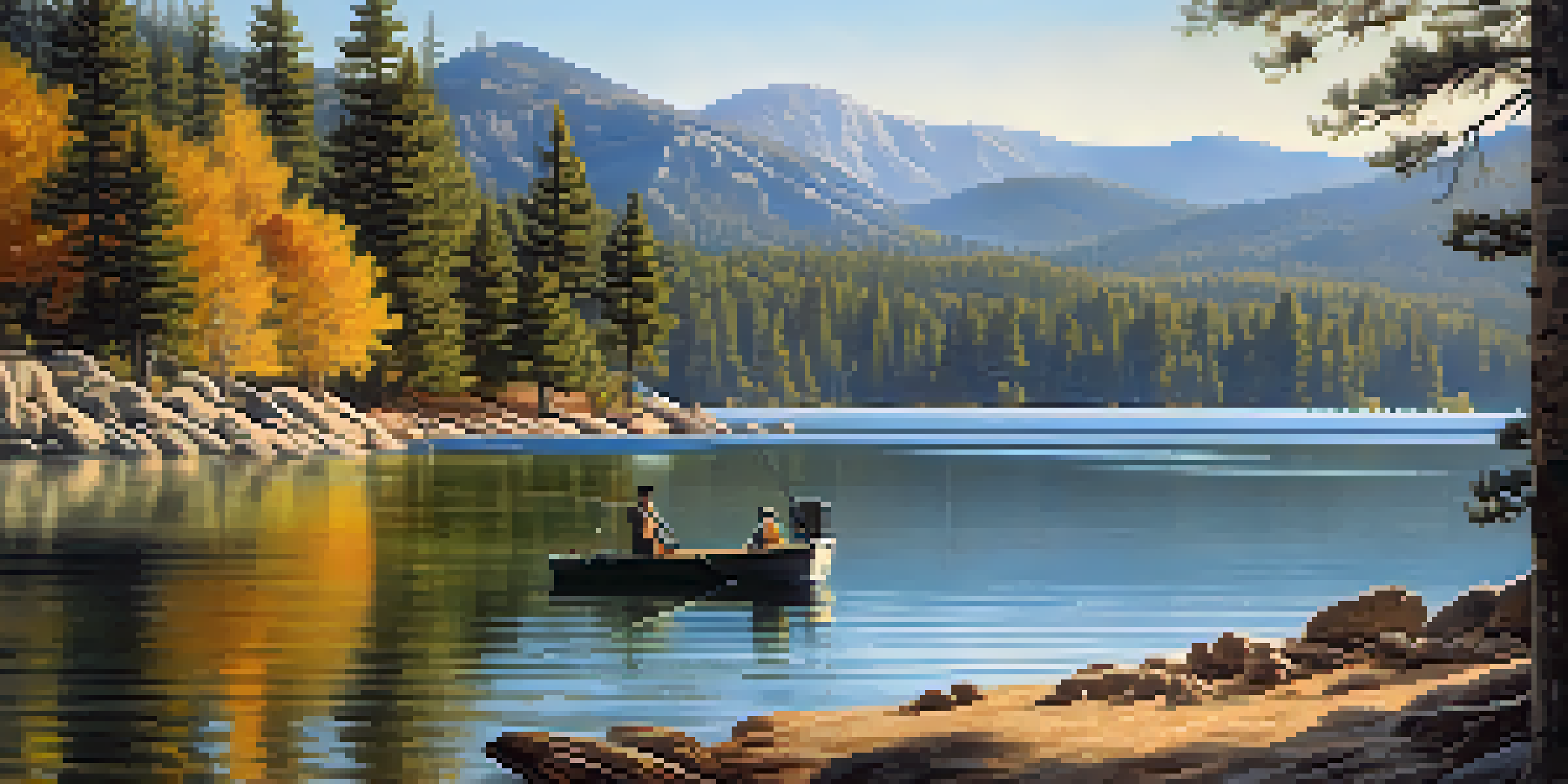 A peaceful fishing cove at Big Bear Lake with a fisherman, deer drinking water, and mountains in the background.