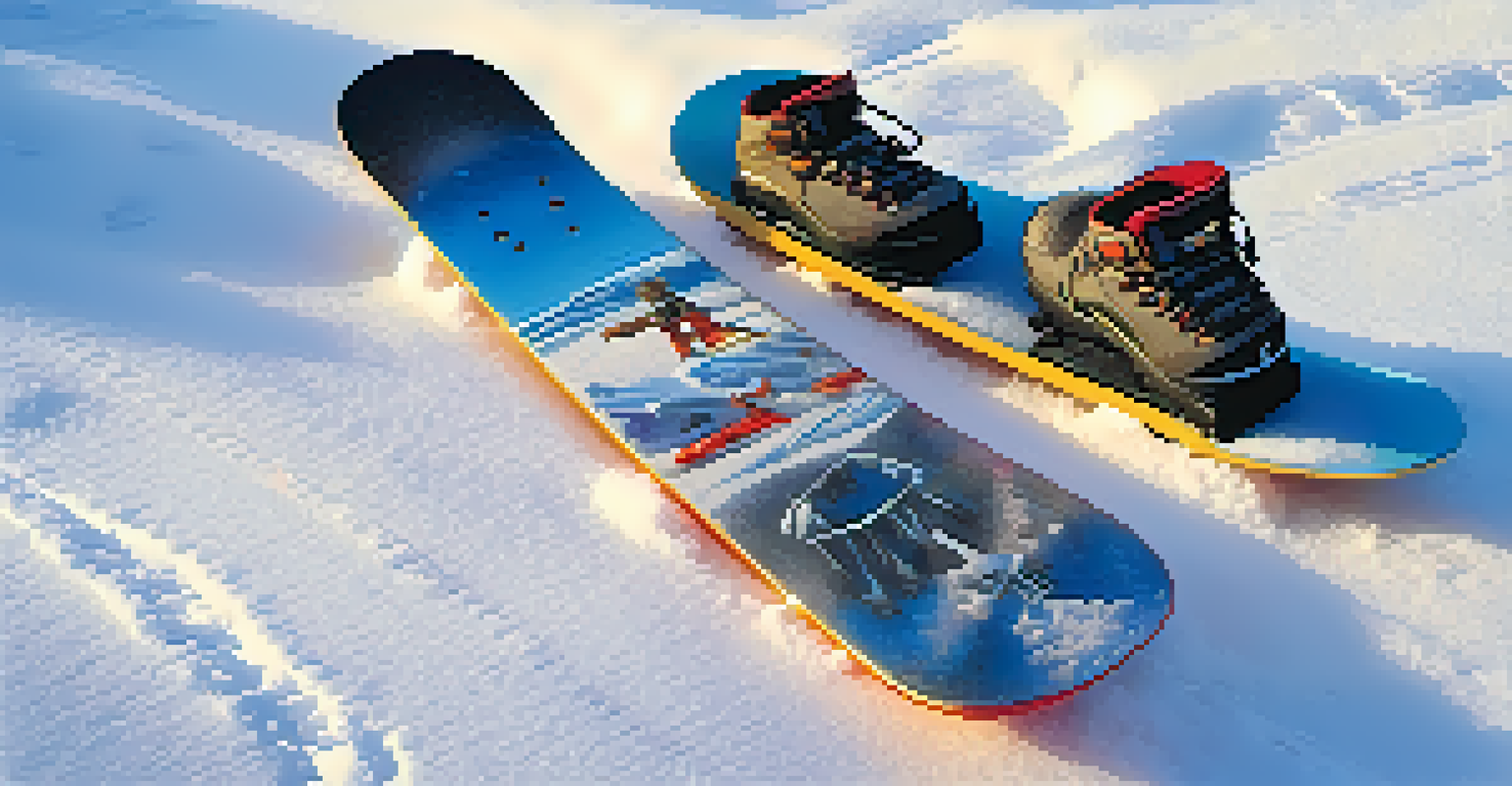 Close-up of a snowboard with bindings and boots on fresh snow, highlighting the board's design and texture.
